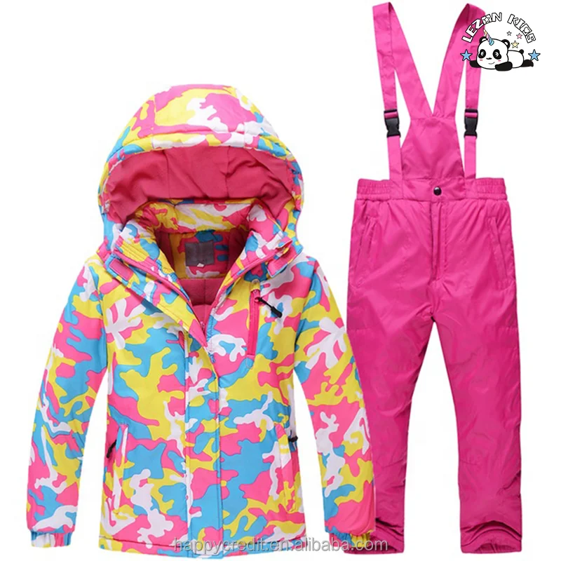 LEZONKIDS - Conjunto de Esqui Infantil Camuflado de Jaqueta e Calças Impermeáveis e Aquecidas para Meninas